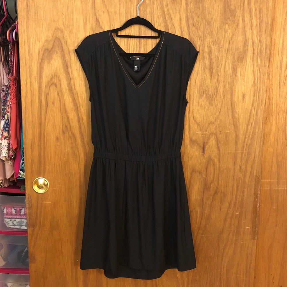 Silky Black Dress with Gold Neckline Detail